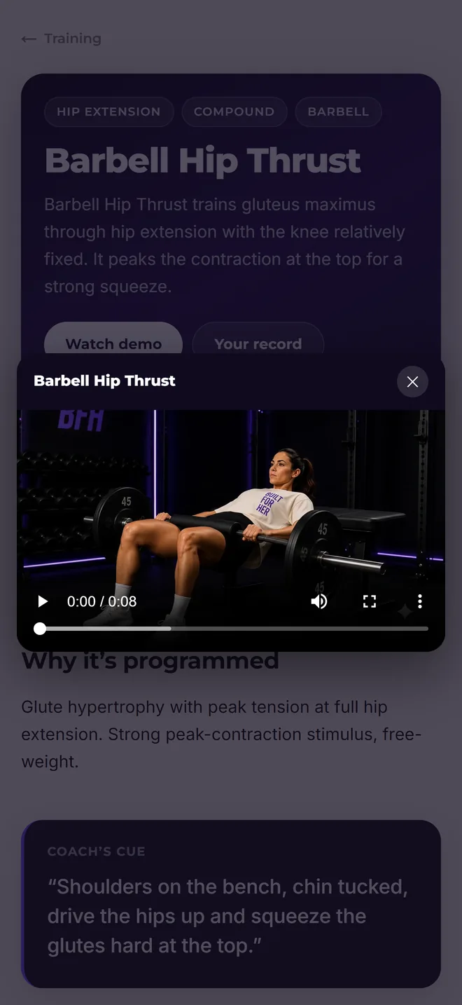 A Barbell Hip Thrust exercise page with its demo video playing